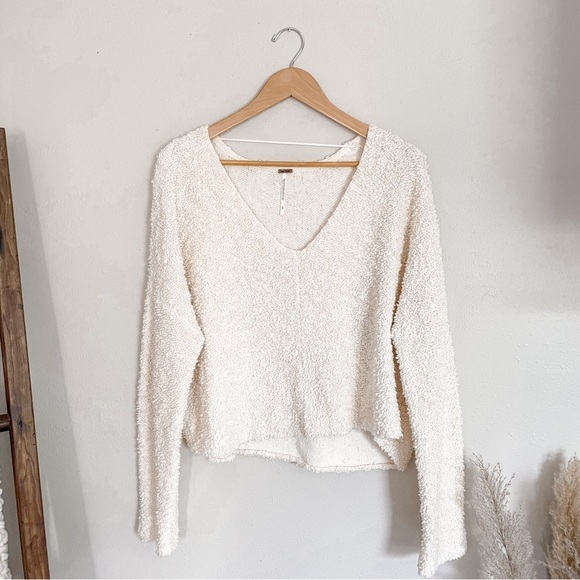Free People | Cream Textured Knit Cropped Boxy Popcorn Pullover - Picture 6 of 15